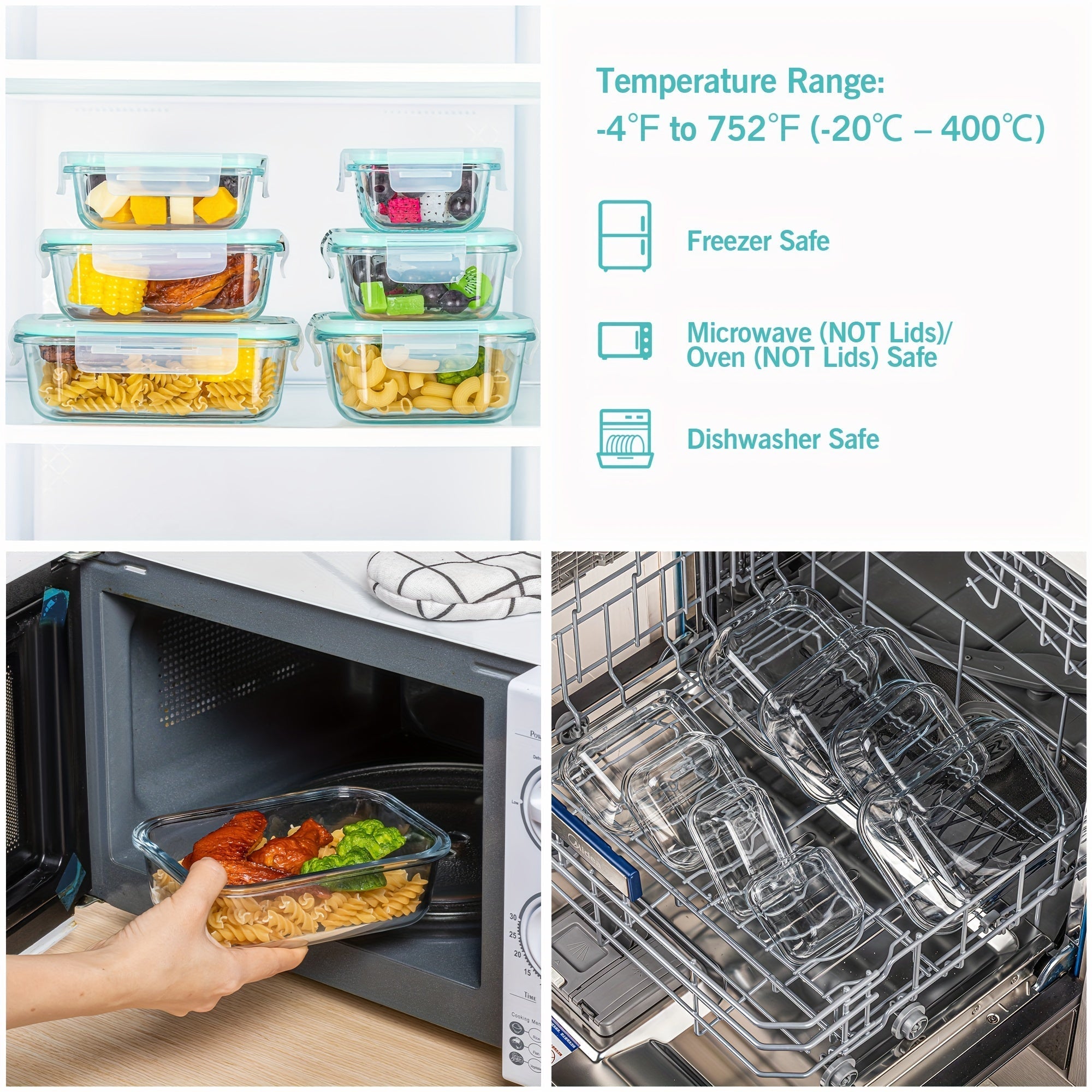 8-Pack Glas Madbeholdere – Lufttætte Måltidsforberedelses Bento-bokse med lækagesikre, låsbare låg, mikrobølgeovn-, ovn-, fryse- og opvaskemaskinesikre, BPA-fri