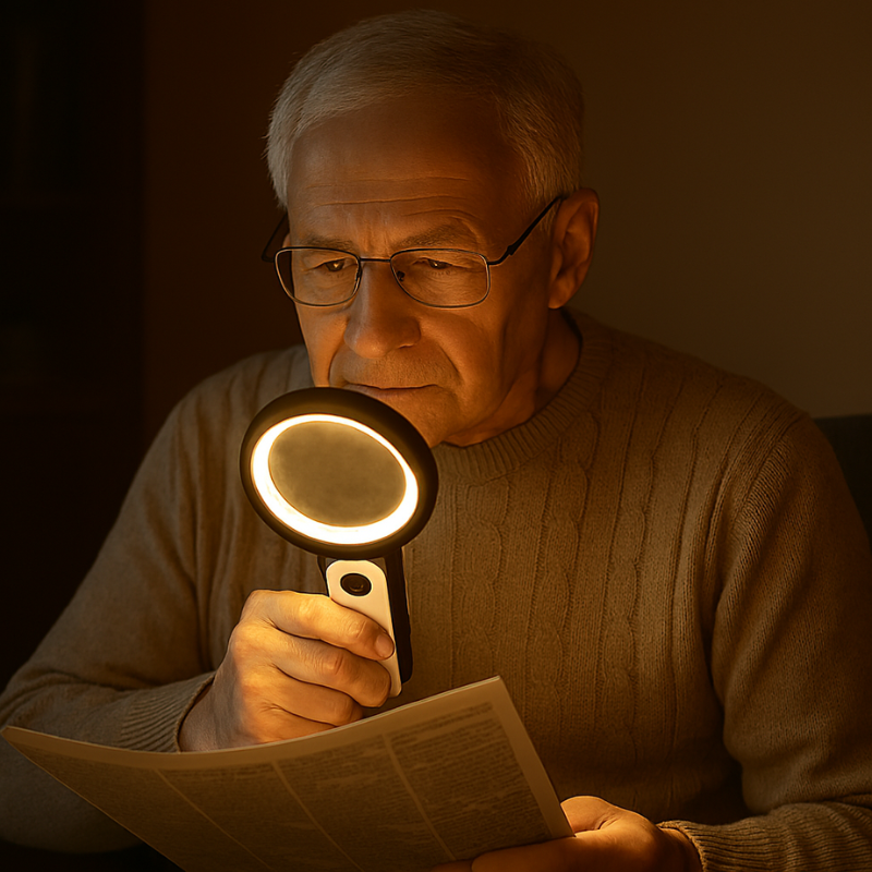 Forstørrelsesglas med LED-belysning og justerbare lysindstillinger til klar læsning