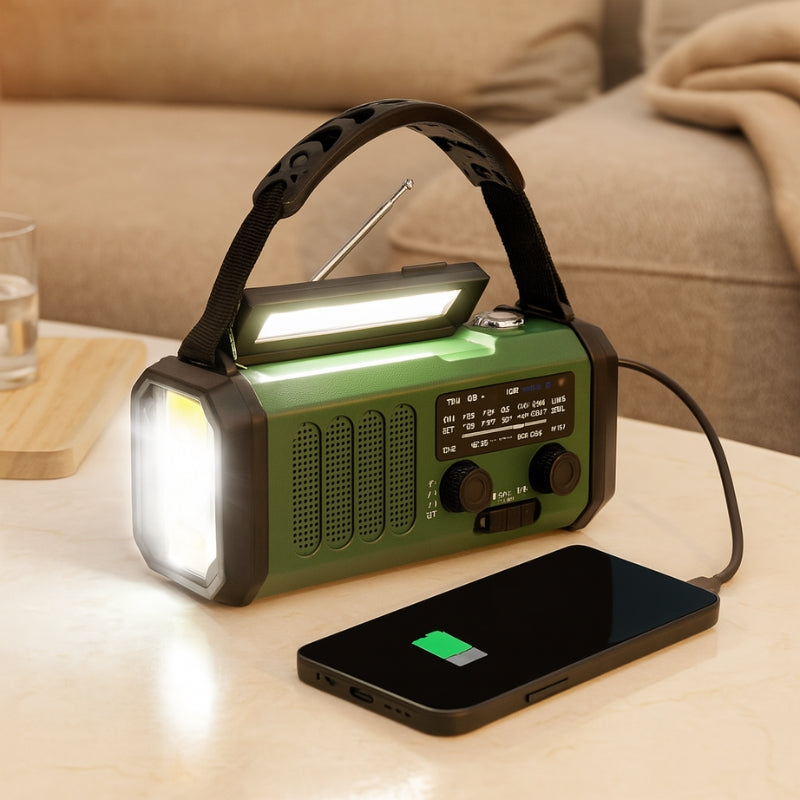 EmergencyGear – Soldrevet Håndsvingradio med LED-lygte og Indbygget Powerbank