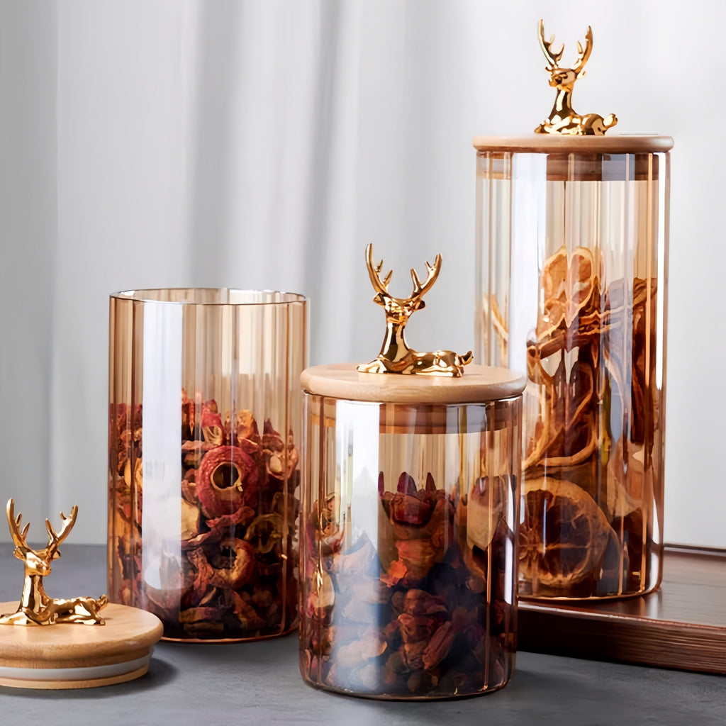 Elowen Stag Amber Finish Glasbeholdere Sæt Af Tre Med Guld Låg