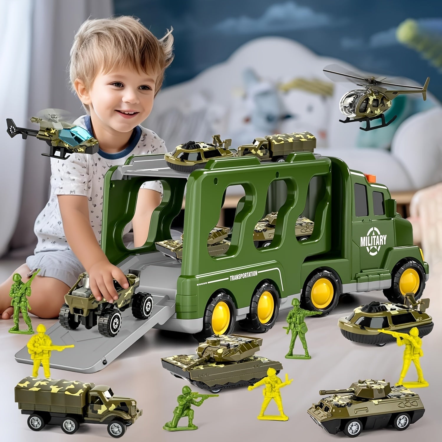 ArmyForce 14-i-1 Militært Legetøjssæt - Lastbil med Tanker, Soldater og Lydeffekter