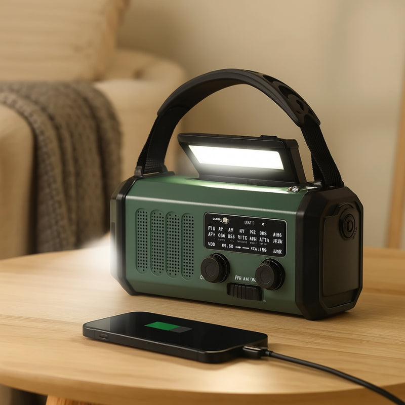 EmergencyGear – Soldrevet Håndsvingradio med LED-lygte og Indbygget Powerbank