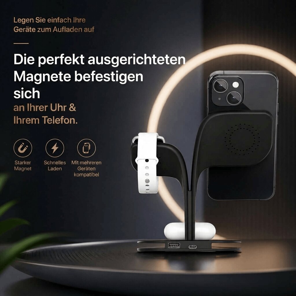 3 i 1 MagSafe Opladerstation | Magnetisk Trådløs Oplader til iPhone, Apple Watch & AirPods | Magnetia