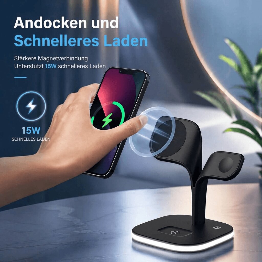 3 i 1 MagSafe Opladerstation | Magnetisk Trådløs Oplader til iPhone, Apple Watch & AirPods | Magnetia