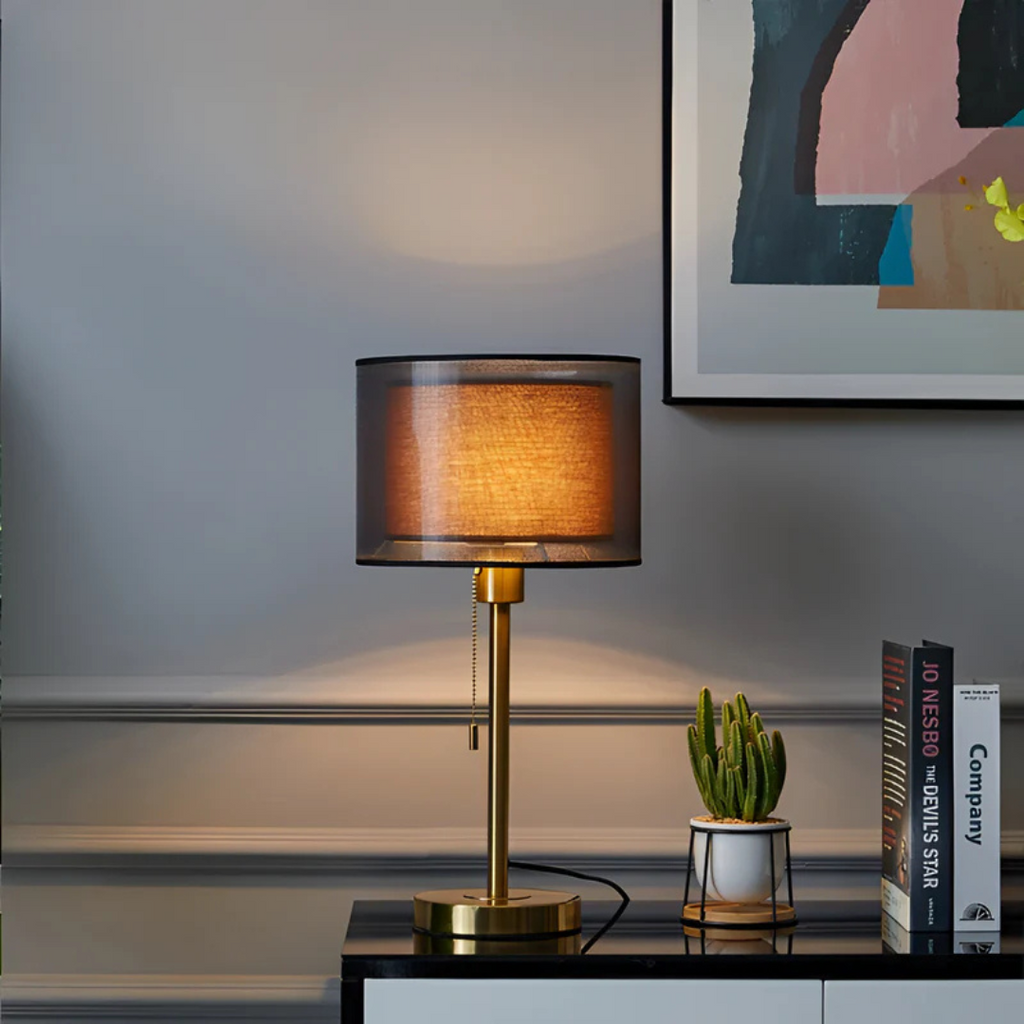 Vintage Bordlampe med Dobbelt Stofskærm til Varm Ambient Lys LED