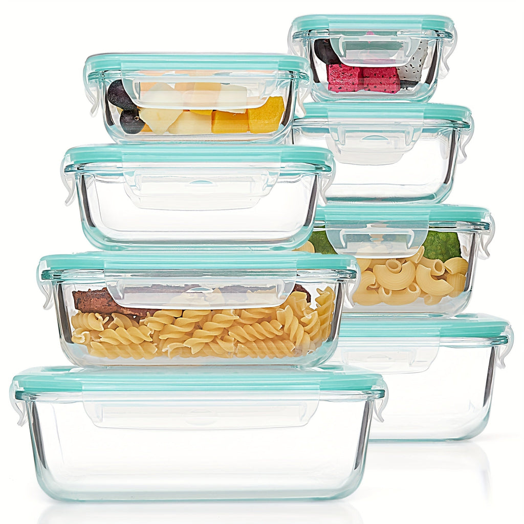 8-Pack Glas Madbeholdere – Lufttætte Måltidsforberedelses Bento-bokse med lækagesikre, låsbare låg, mikrobølgeovn-, ovn-, fryse- og opvaskemaskinesikre, BPA-fri