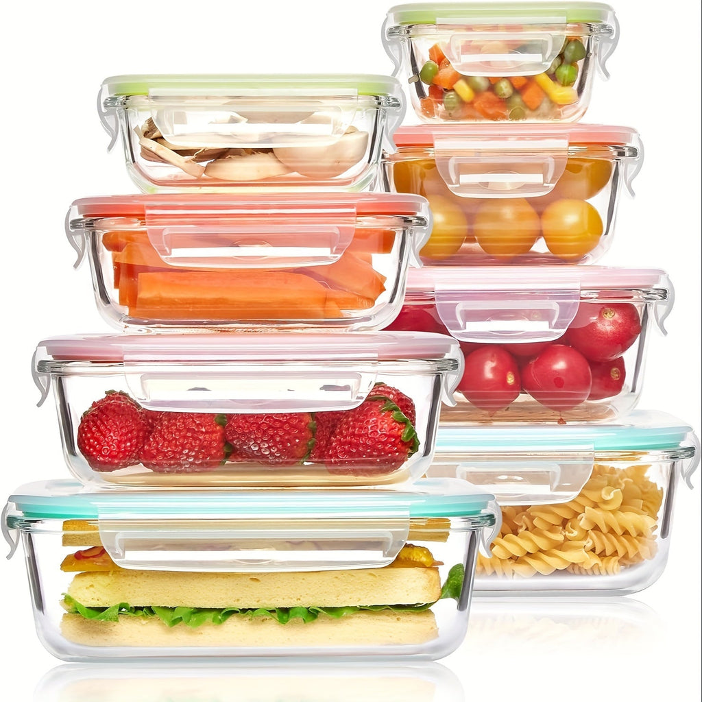 8-Pack Glas Madbeholdere – Lufttætte Måltidsforberedelses Bento-bokse med lækagesikre, låsbare låg, mikrobølgeovn-, ovn-, fryse- og opvaskemaskinesikre, BPA-fri