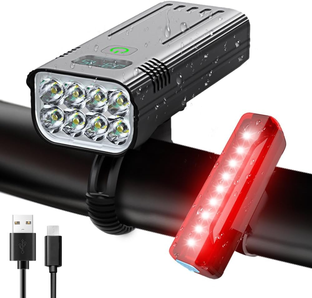 Victoper 8000 Lumen Cykellygtesæt, 8 LED USB Genopladelige For- & Baglygter, Matt Sort