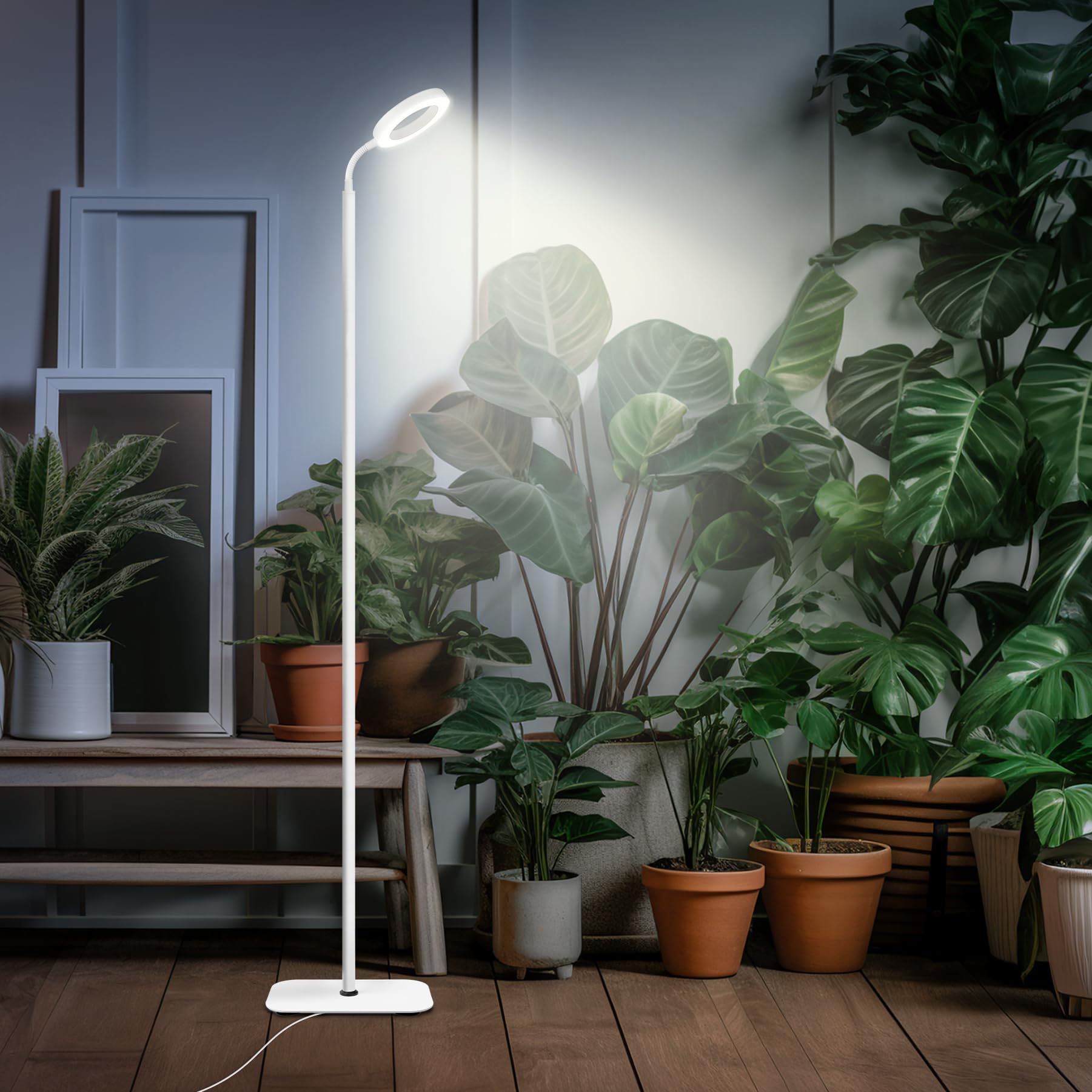 Mistyjungle Vækstlys Til Indendørsplanter, Gulv Fuldspektrum Plante Lys Med Stativ, Store Vækstlamper Med Automatisk Timer, 60 Tommer Højdejusterbar, 10 Niveaus Dæmpbar, Hvid Halo Led Vækstlampe