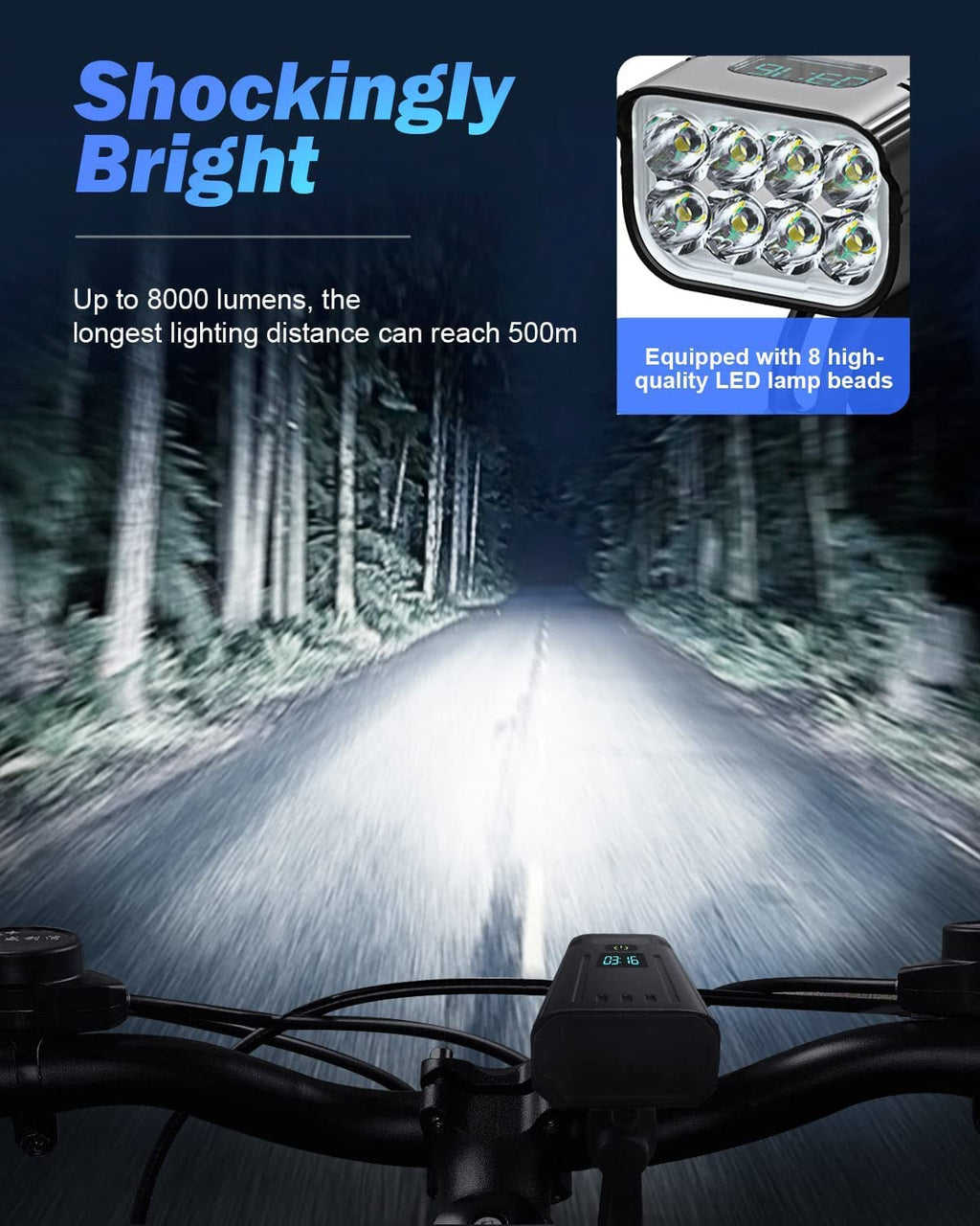 Victoper 8000 Lumens Cykellygtesæt, 8 LED USB Genopladelige For- & Baglygter, Mat Sort
