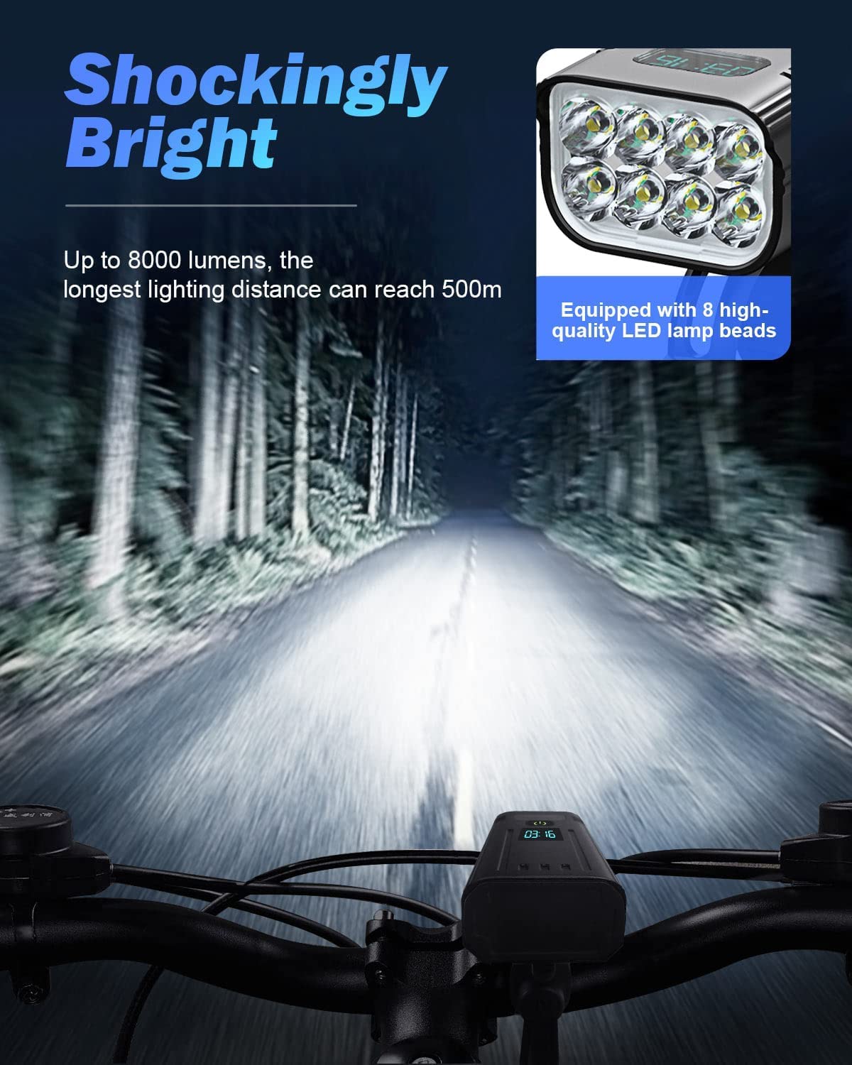 Victoper 8000 Lumen Cykellygtesæt, 8 LED USB Genopladelige For- & Baglygter, Matt Sort