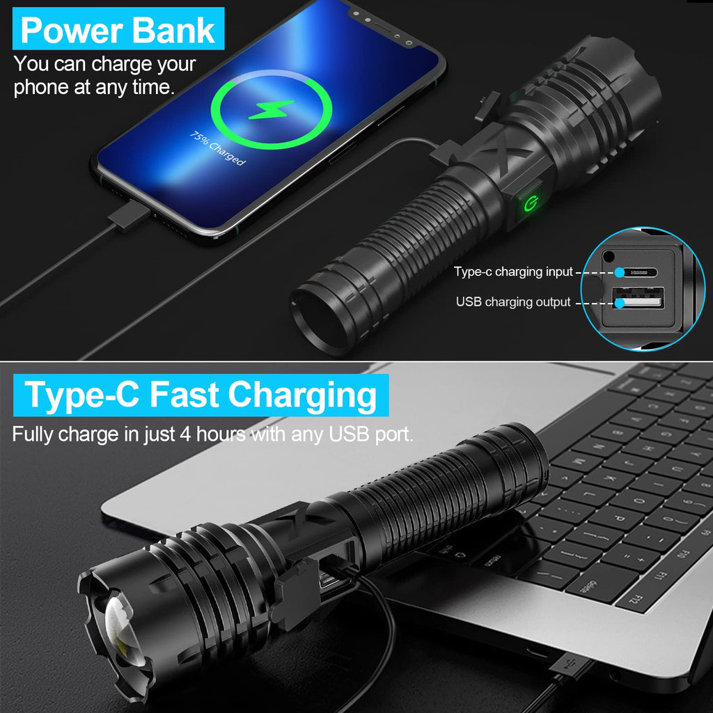 Banral 100000 lumen genopladelig lommelygte, IPX6 vandtæt, 5 tilstande, zoombar, aluminium