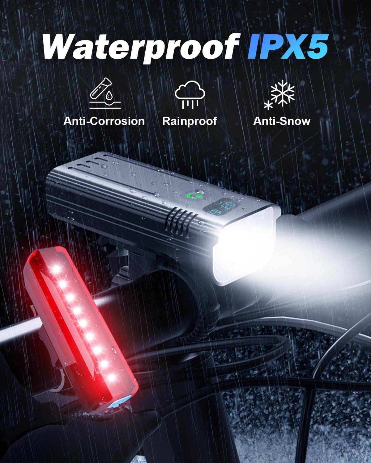 Victoper 8000 Lumens Cykellygtesæt, 8 LED USB Genopladelige For- & Baglygter, Mat Sort