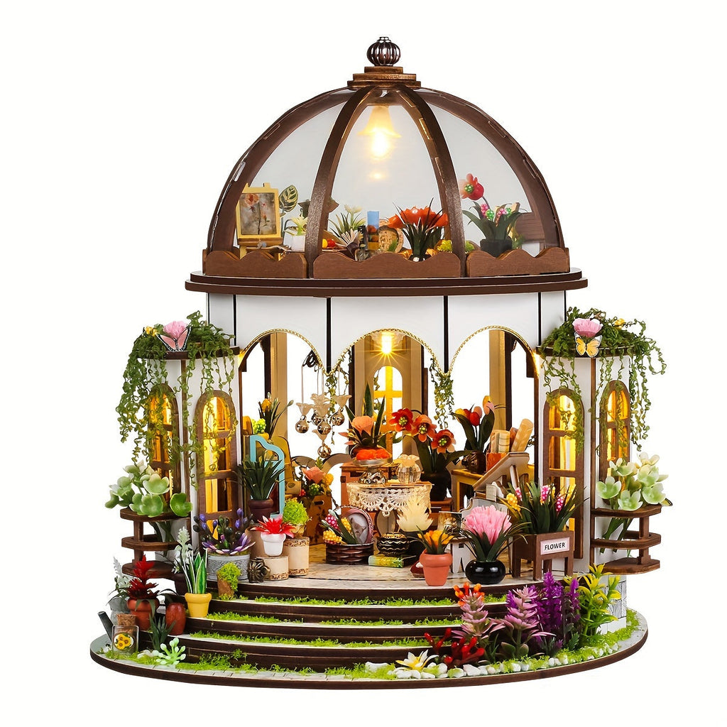 Miniature Blomsterhus – 3D Træpuslespil med LED-belysning og Detaljeret Have