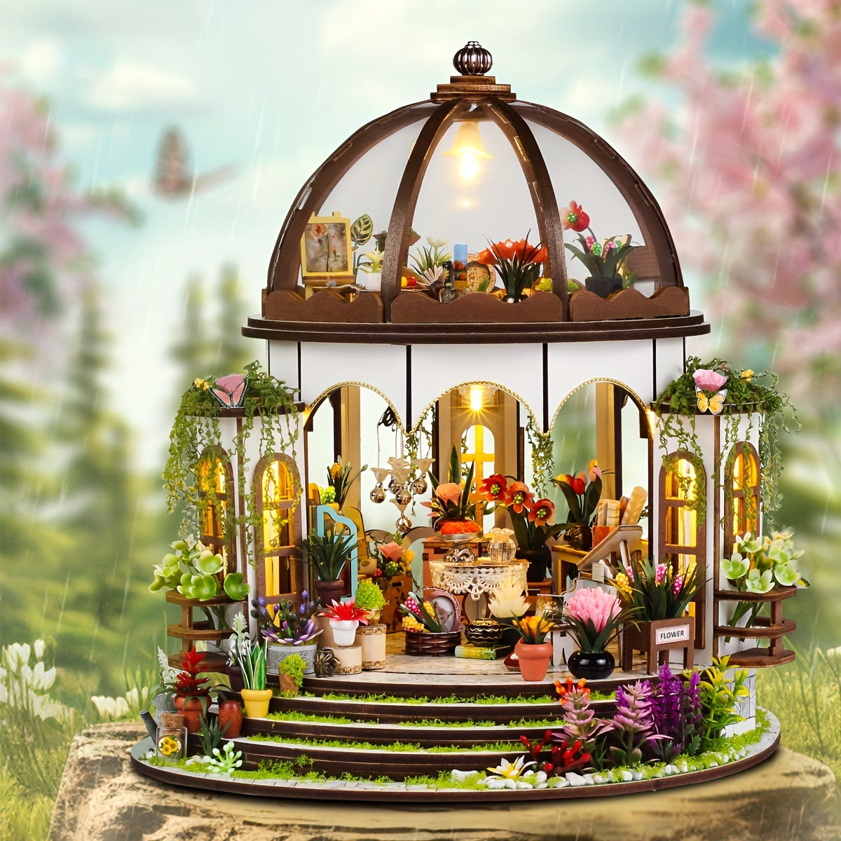 Miniature Blomsterhus – 3D Træpuslespil med LED-belysning og Detaljeret Have