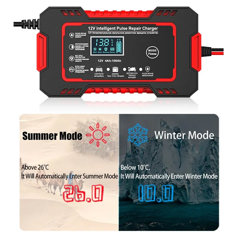 12V 6A Smart Bilbatterilader | Pulsreparation, LCD Skærm & Hurtigopladning til AGM, Gel & Blysyrebatterier