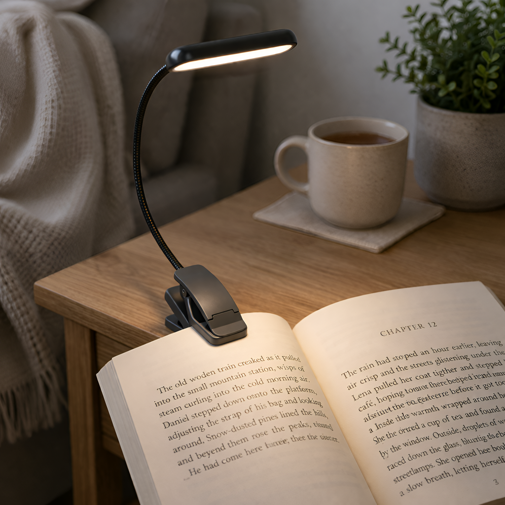 Virelia - USB Genopladelig Klemme Læselampe med 3 Lysindstillinger