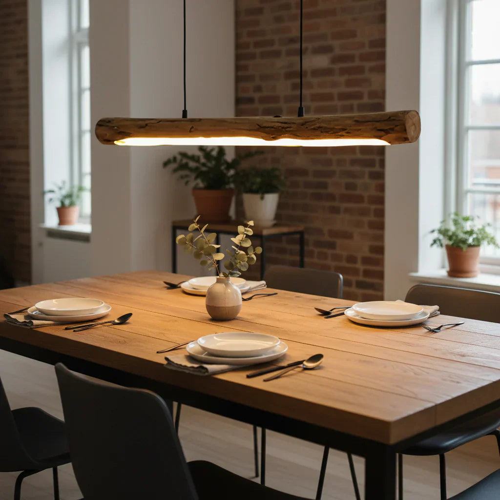 Træpendellampe med dæmpbar LED-belysning til spisebord med varmt naturligt design