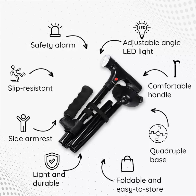 Foldbar Gåstang med LED-belysning og Skridsikker Fod for Stabilitet