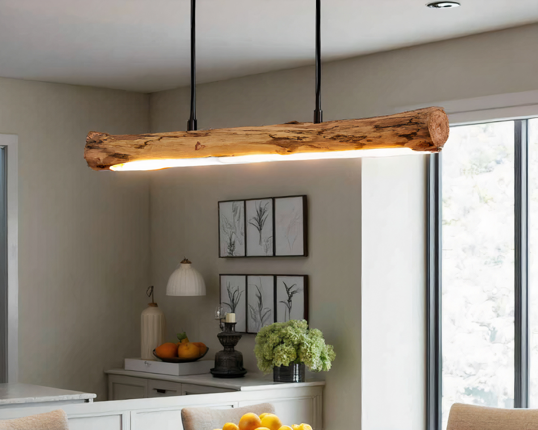 Træpendellampe med dæmpbar LED-belysning til spisebord med varmt naturligt design