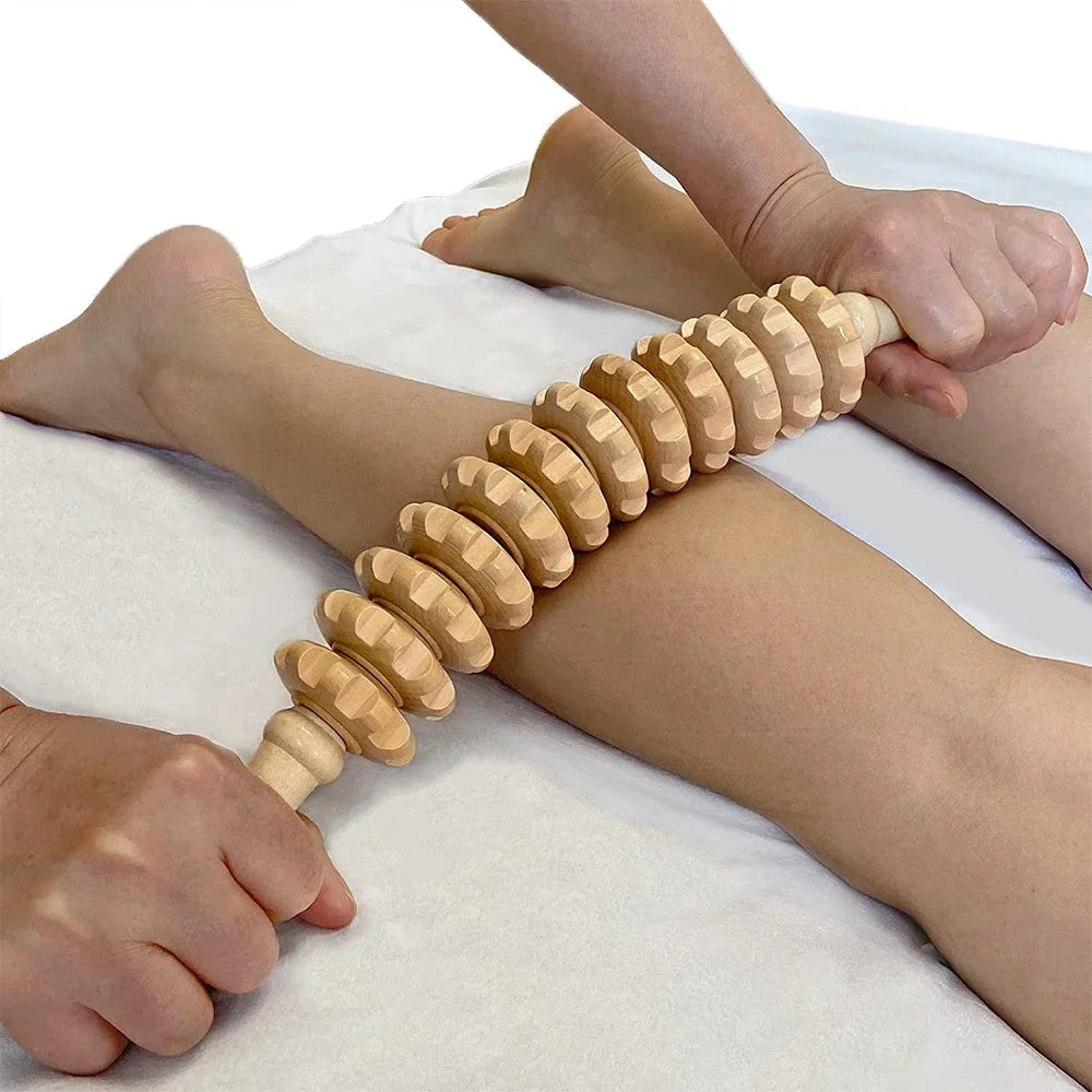 Træ Fascia Massagerulle Med Ni Ruller, Der Drejer Og Skridsikker Håndtag
