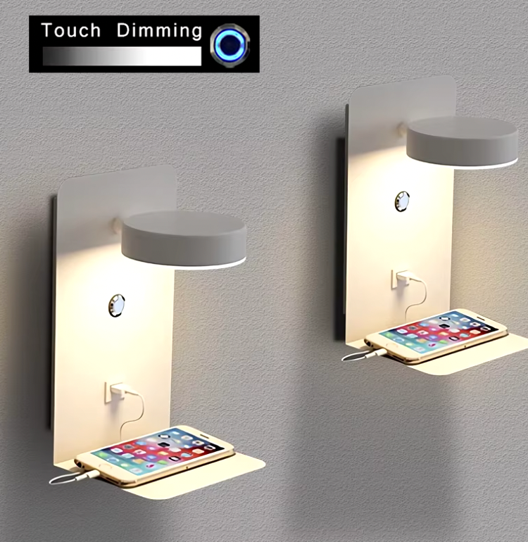 LED væglampe multifunktionel dæmpbar med USB-lader til soveværelse