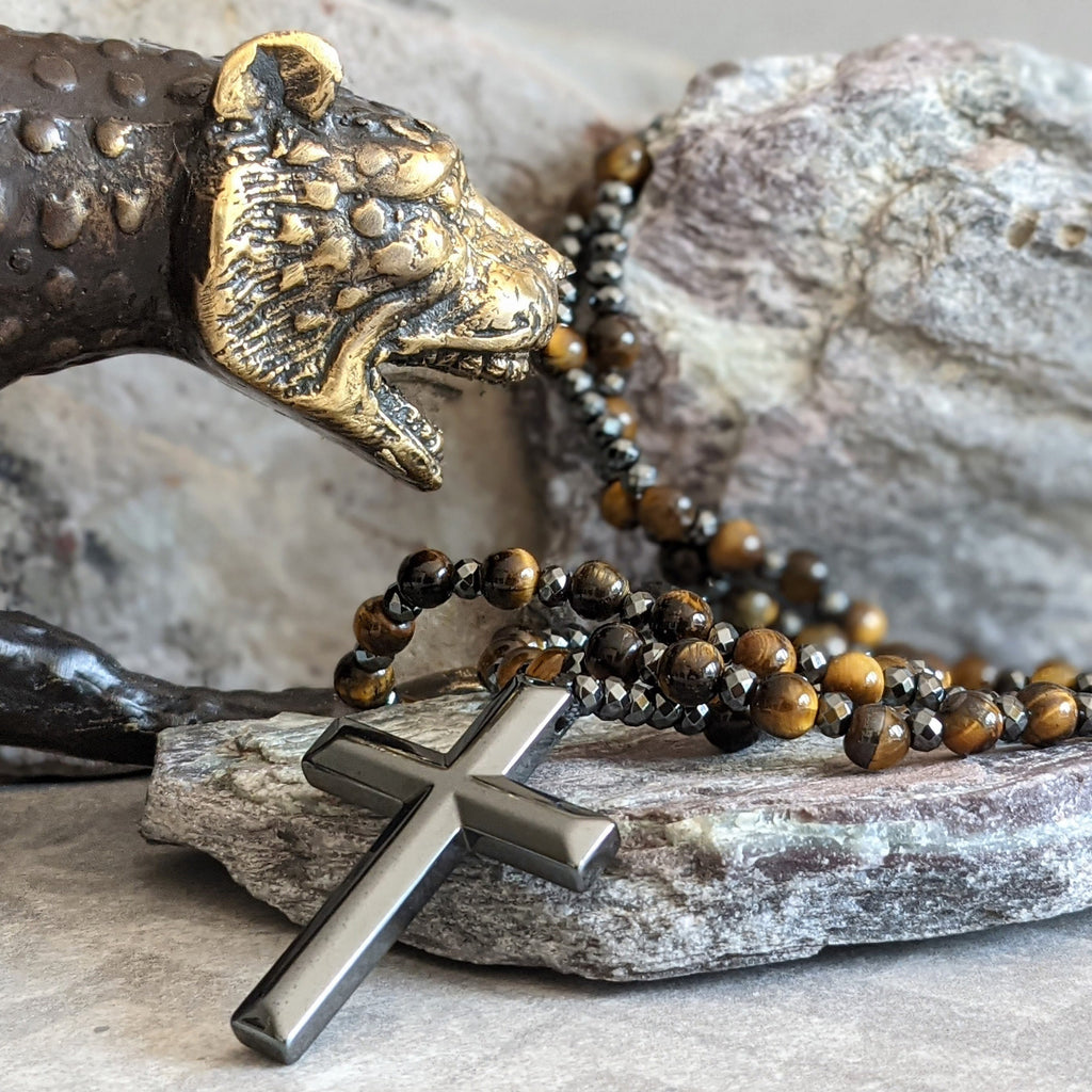 AstraVea Herre Rosary Halskæde Med Tigerøje Perler Og Lapis Lazuli