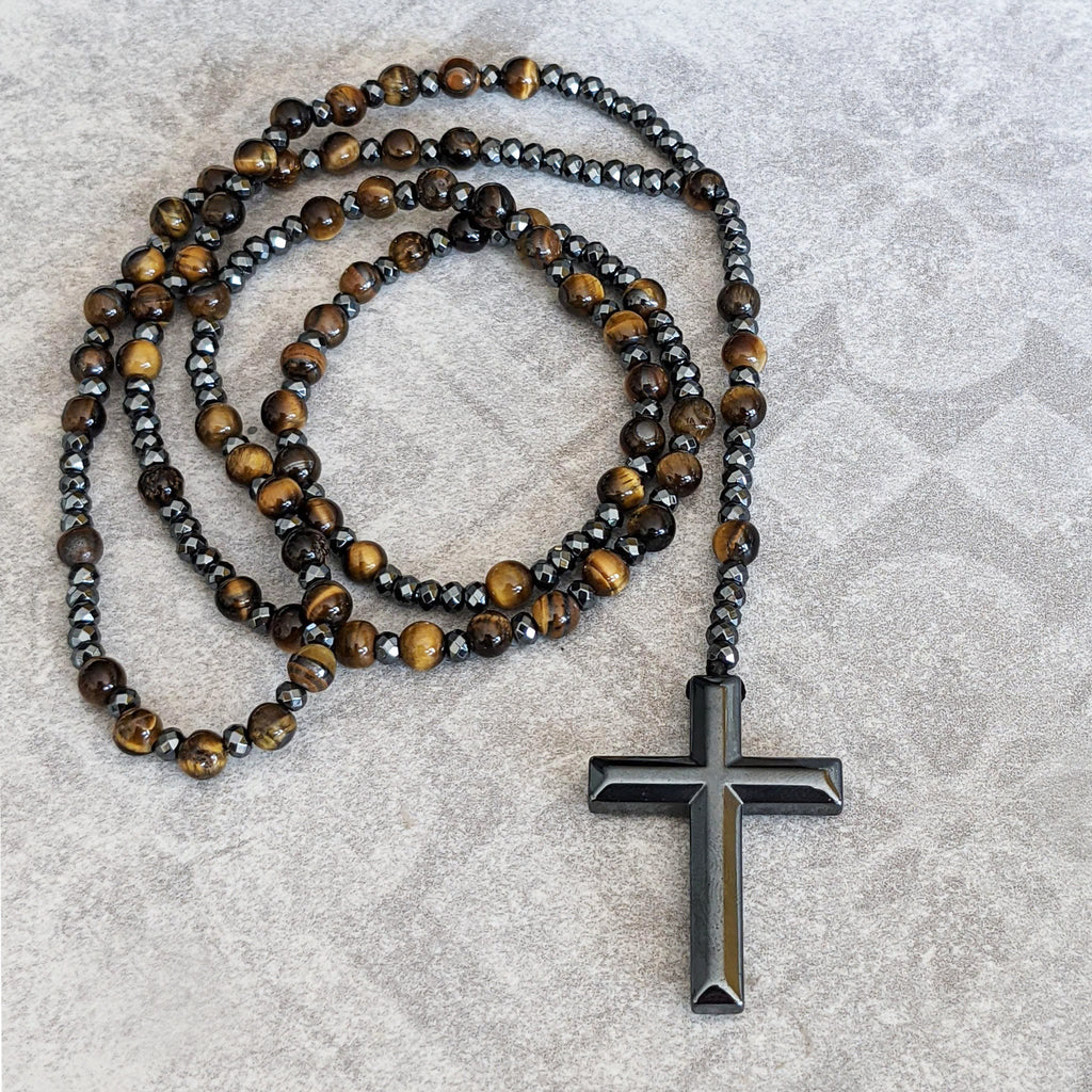 AstraVea Herre Rosary Halskæde Med Tigerøje Perler Og Lapis Lazuli