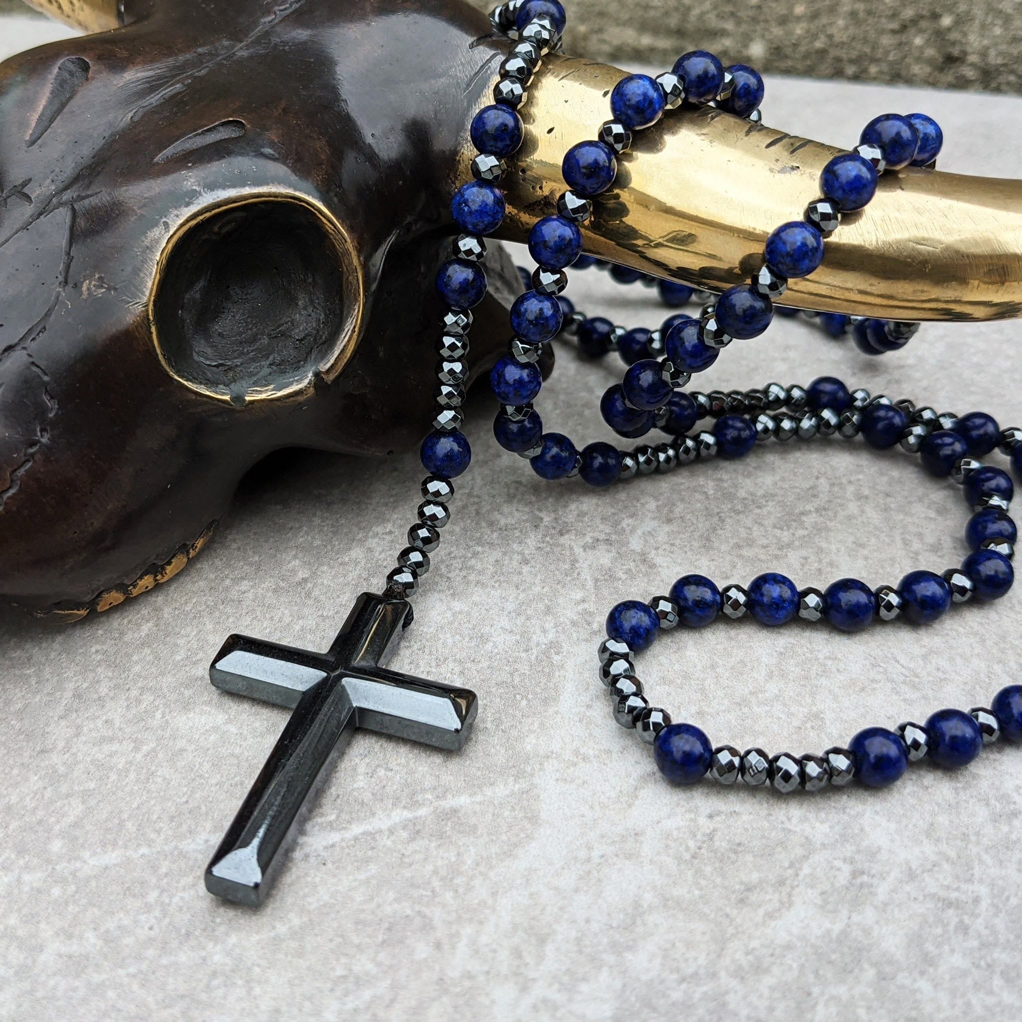 AstraVea Herre Rosary Halskæde Med Tigerøje Perler Og Lapis Lazuli