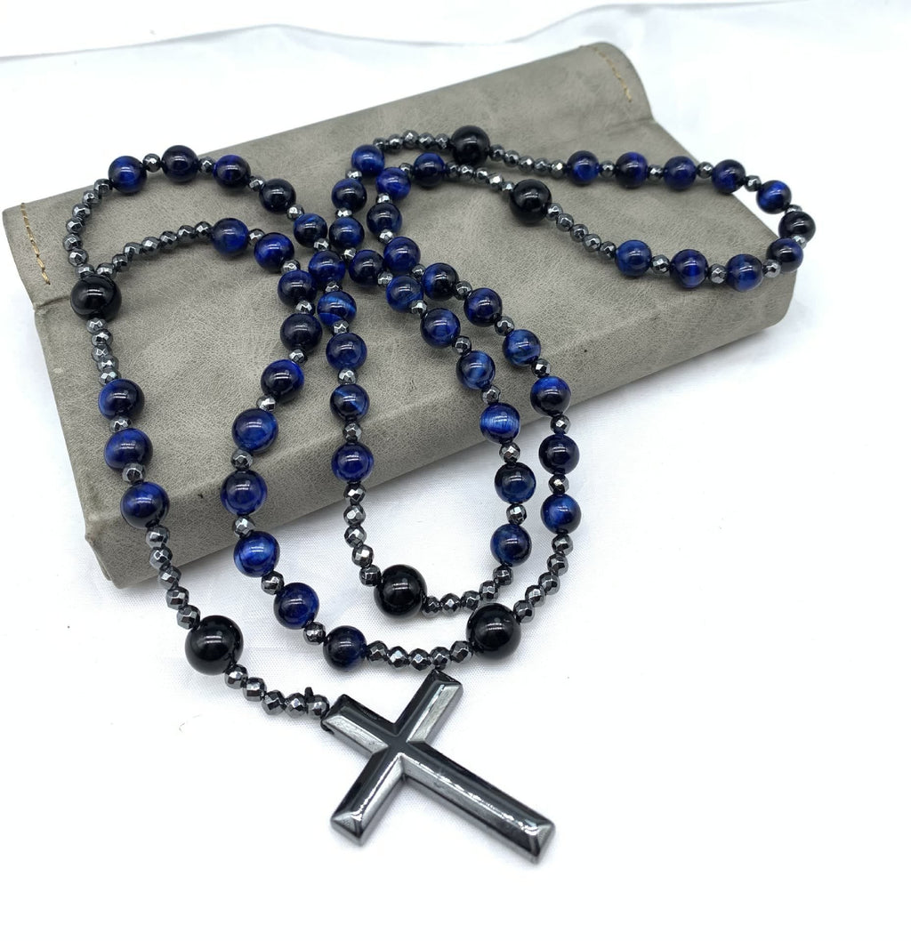 AstraVea Herre Rosary Halskæde Med Tigerøje Perler Og Lapis Lazuli