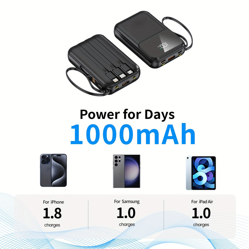 Ultimate Portable Power Bank 10000mAh - Hurtigopladning med indbyggede kabler