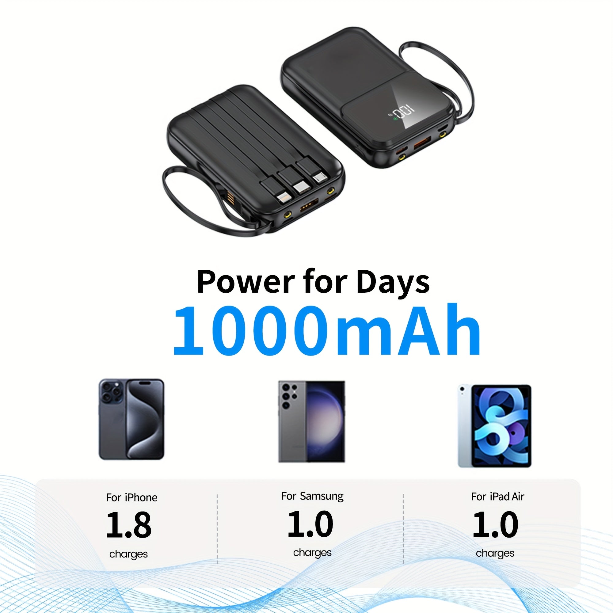Ultimate Portable Power Bank 10000mAh - Hurtigopladning med indbyggede kabler