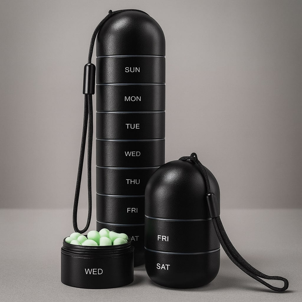 Aluminium opbevaringsboks med 7 rum | Rejseboks til tabletter & vitaminer | AluBox