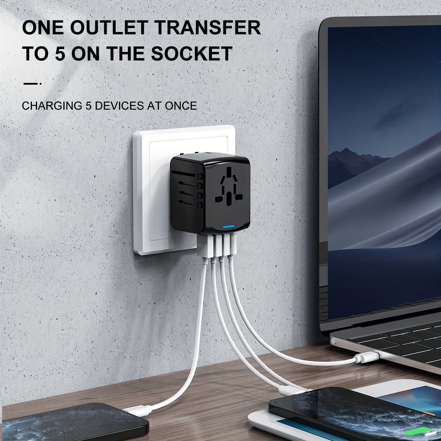 Rejseadapter med 4 USB-porte og Type-C – Global oplader med hurtig opladning og sikkerhedsfunktioner
