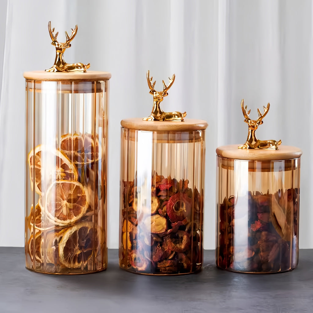 Elowen Stag Amber Finish Glasbeholdere Sæt Af Tre Med Guld Låg