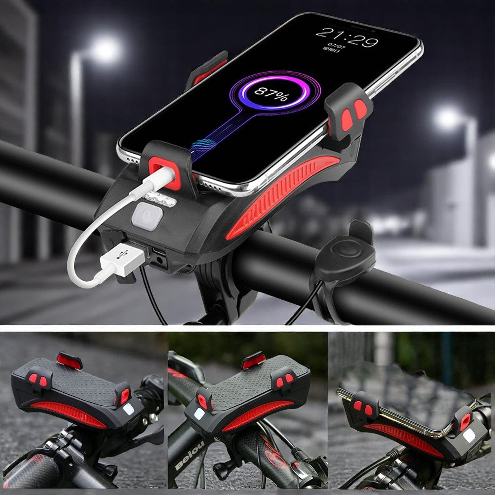 Cykellygte med telefonholder & powerbank | Cykelbelysning foran | PowerRide