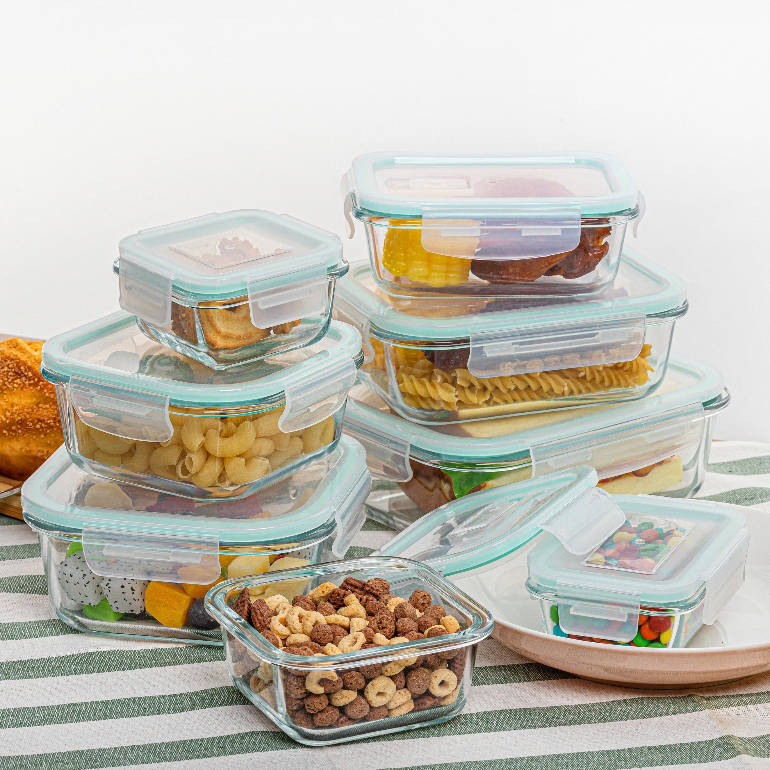 8-Pack Glas Madbeholdere – Lufttætte Måltidsforberedelses Bento-bokse med lækagesikre, låsbare låg, mikrobølgeovn-, ovn-, fryse- og opvaskemaskinesikre, BPA-fri