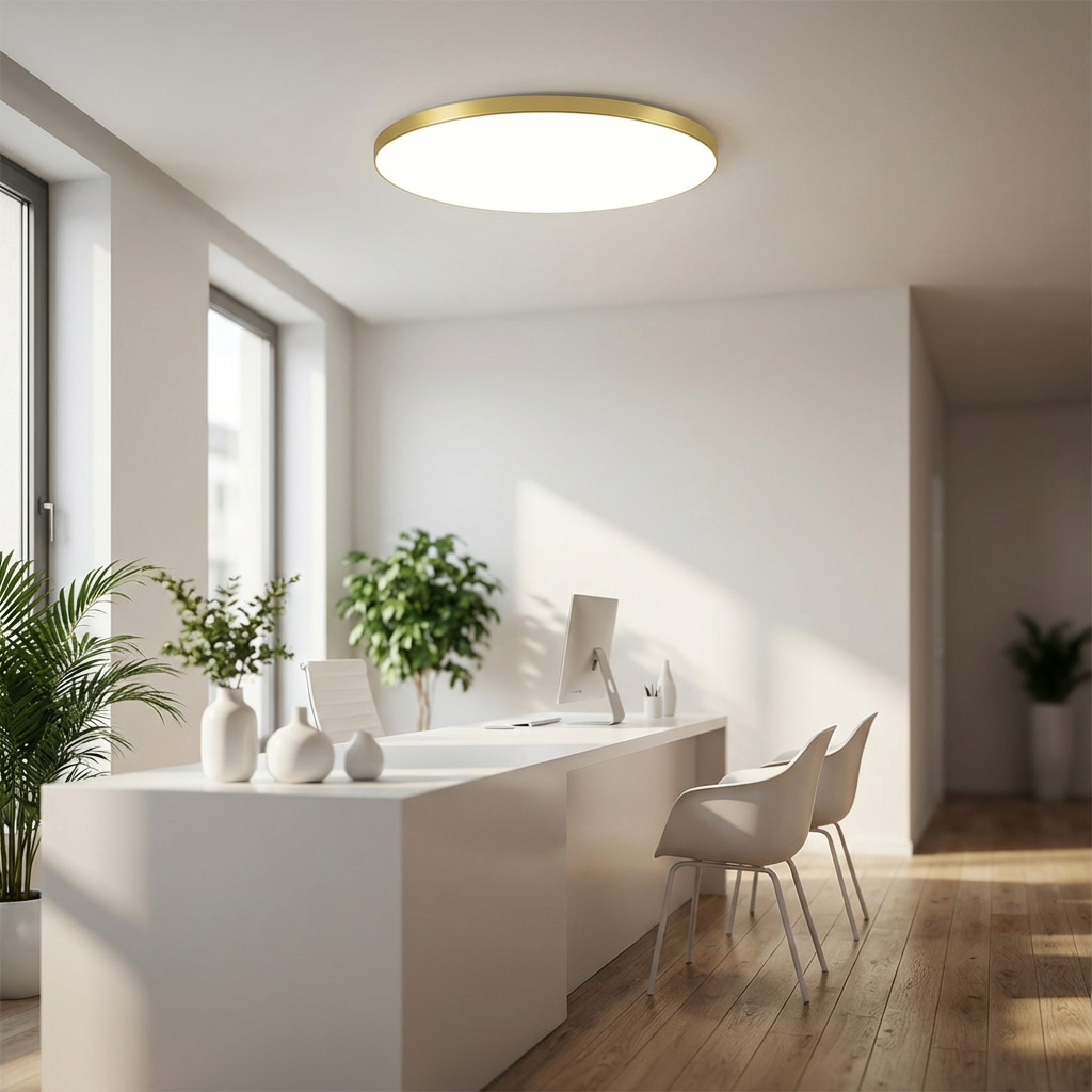 Rund LED Loftlampe med Guldkant – Slank Design og Blødt Lys