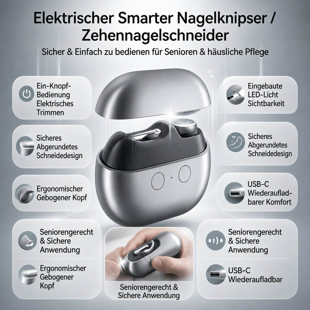 Elektrisk negleklipper med LED lys | Genopladelig negletrimmer til finger- og tånegle | Lysklipper