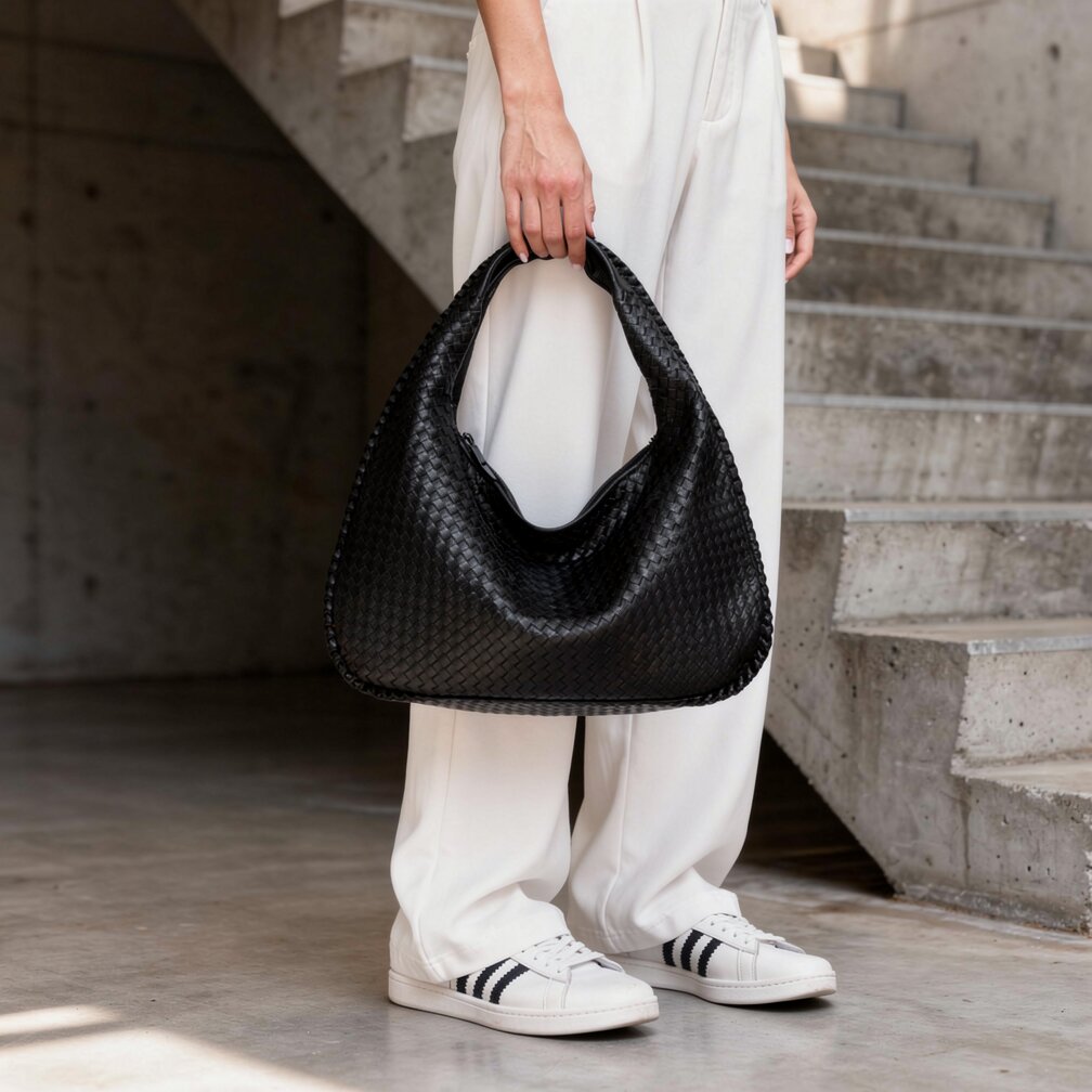 Flettet Læder Hobo Bag med Lynlås | Skuldertaske til Damer | Flechture