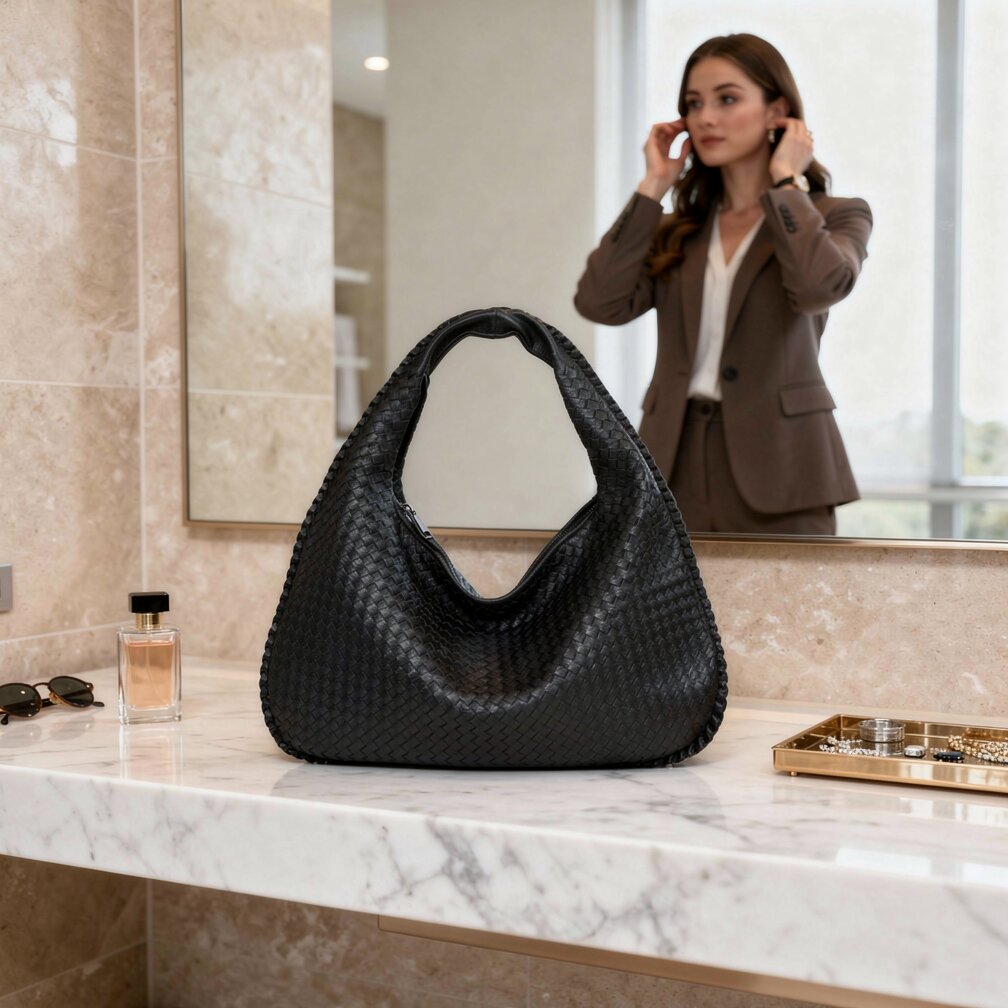 Flettet Læder Hobo Bag med Lynlås | Skuldertaske til Damer | Flechture