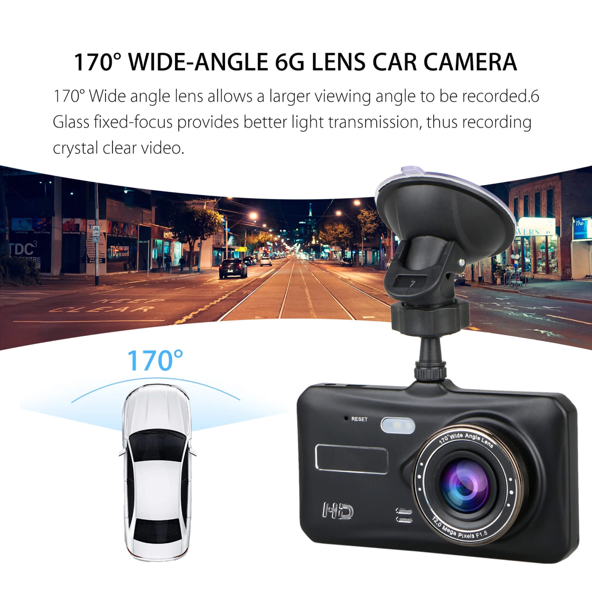 Trådløs Twin Dash Cam Med Front- eller Bagudsigtskamera, 1080p, 4-tommer LCD