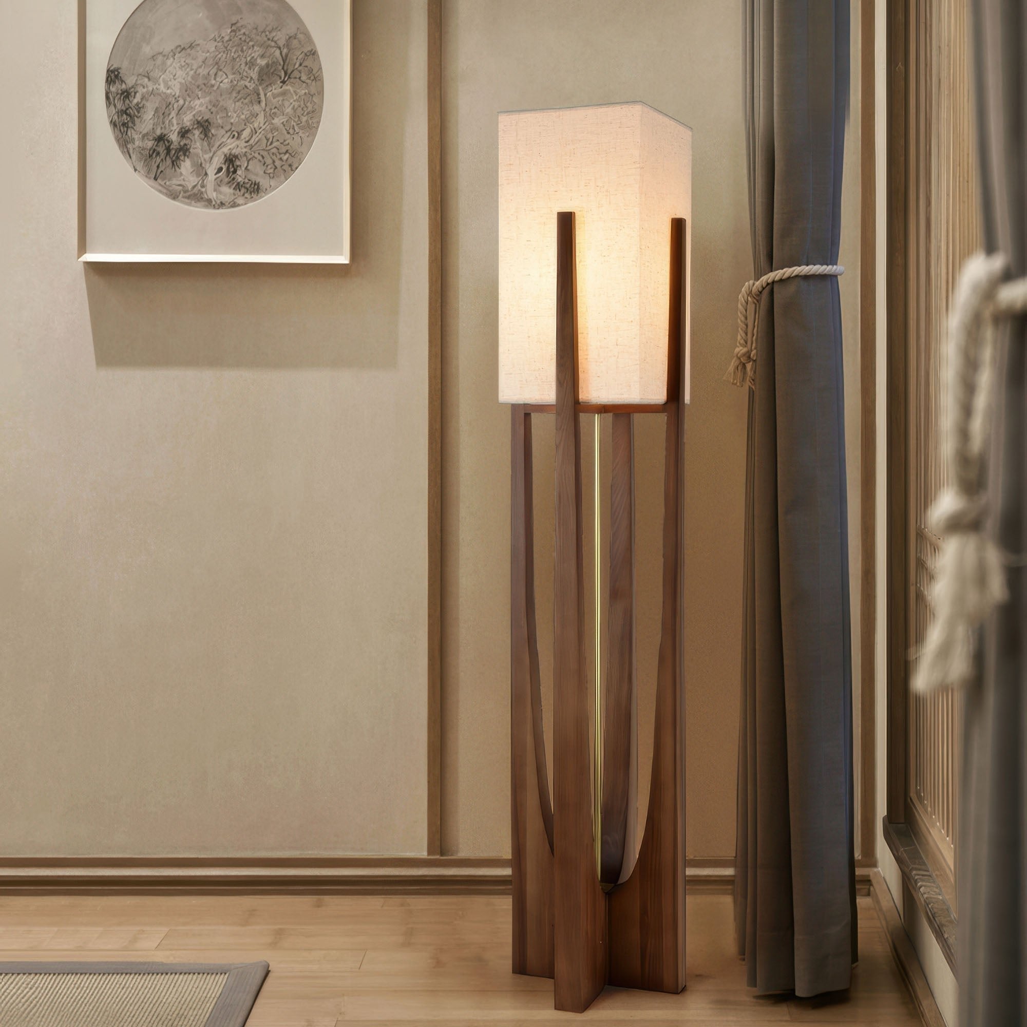 Elegant Japansk Stil Valnød Gulvlampe med LED Lys