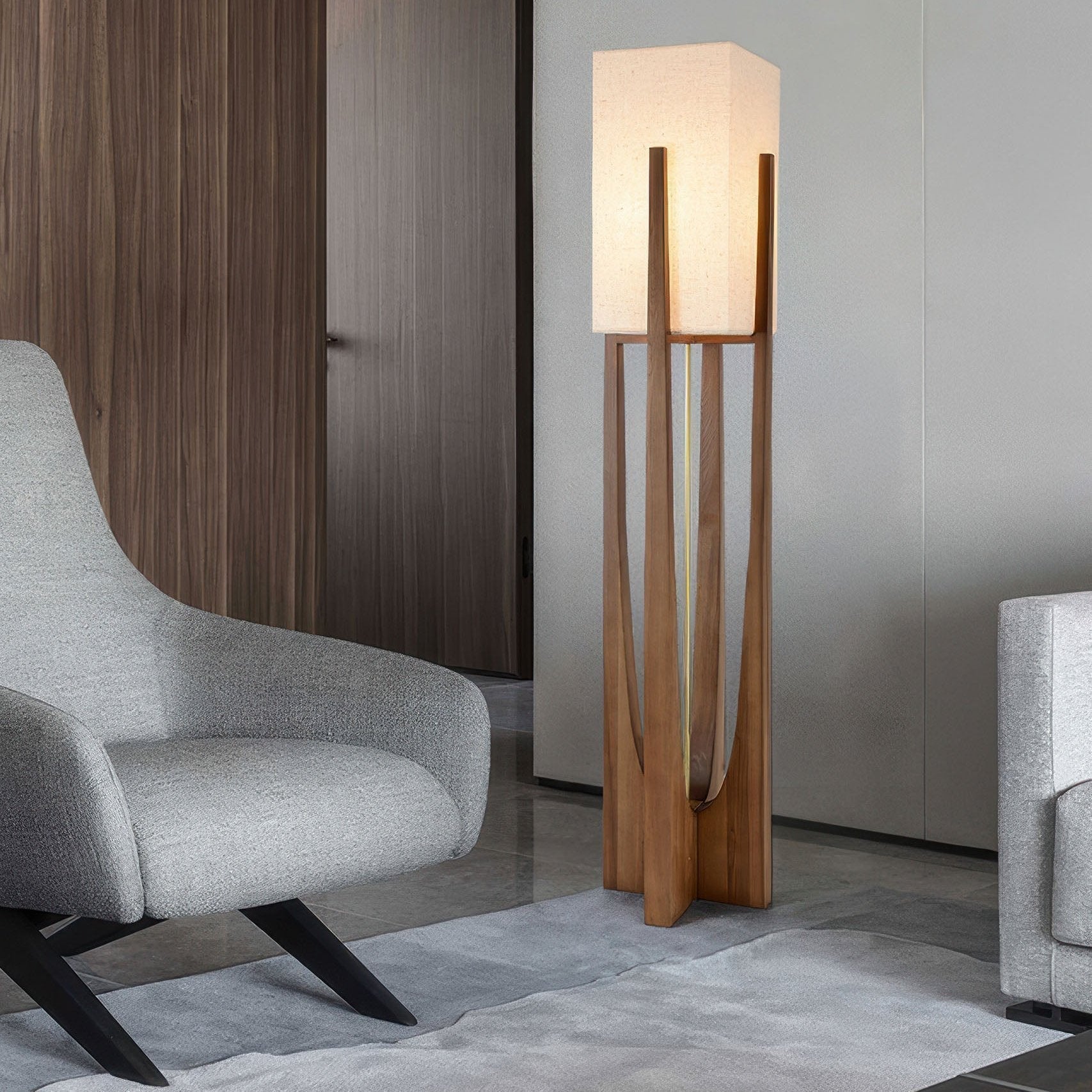 Elegant Japansk Stil Valnød Gulvlampe med LED Lys