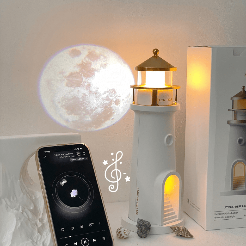 Måneskin Projektor Lampe | Fyrtårn Nattelys med Bluetooth Højttaler | Lunavara