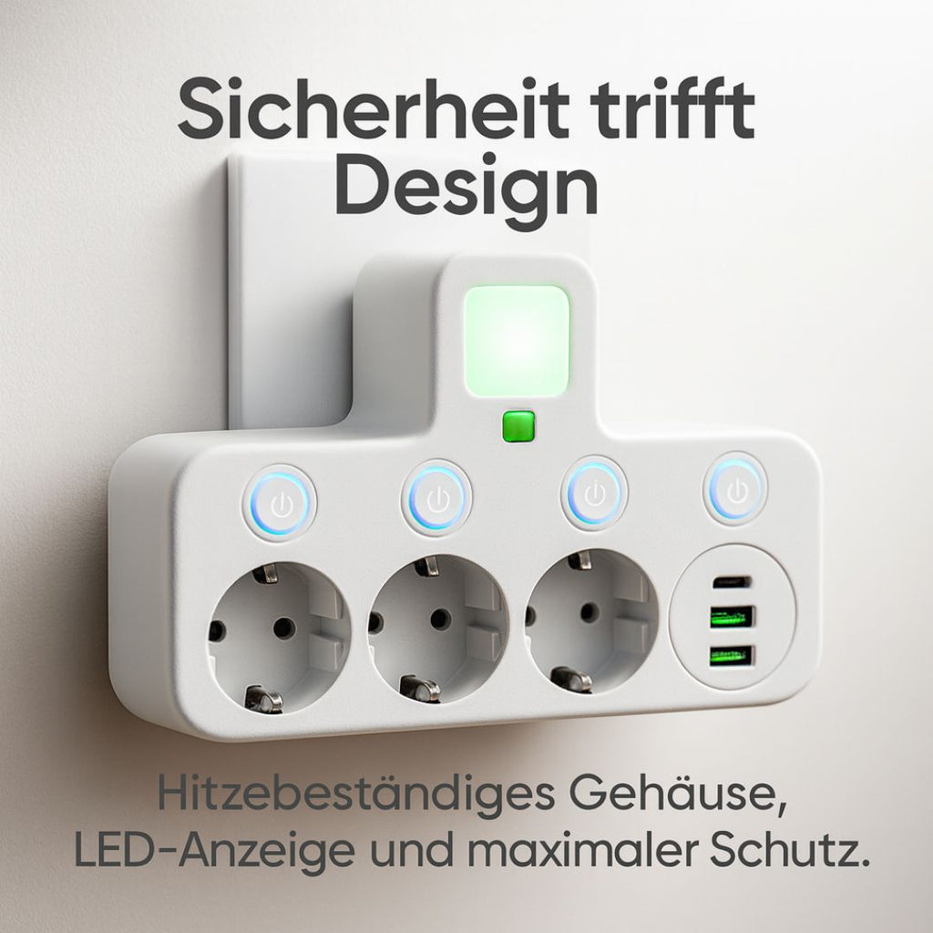 Stikdåse med 3 stik | Multi-stikdåse med USB & kontakt | PowerGrid