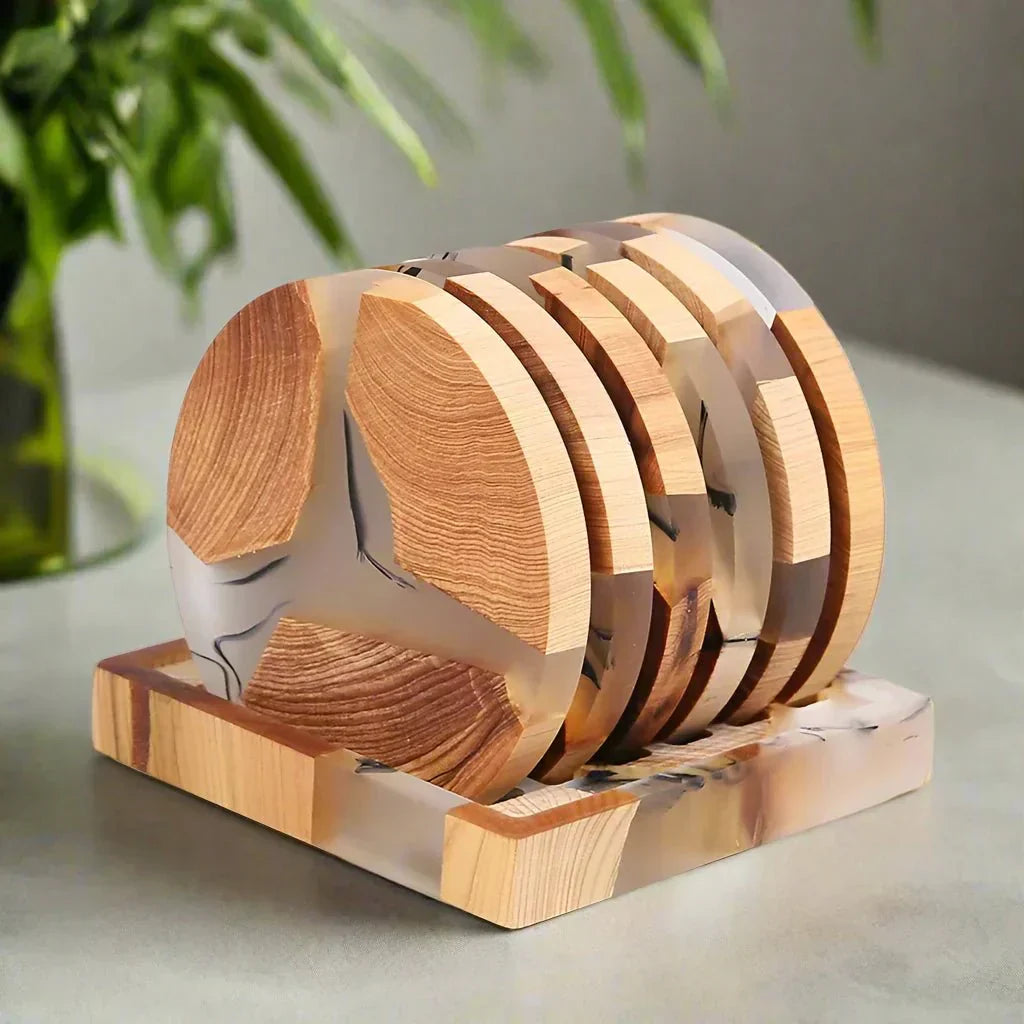 Sæt af Solid Træ Coastere med Japanske Design Accenter