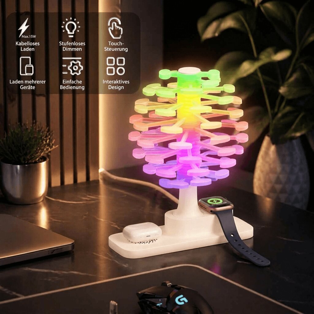 Bordlampe med oplader | RGB ambient lys | Spiraltræ design | Spiralhave