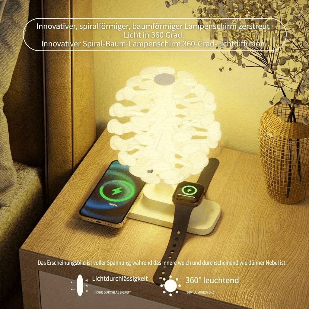 Bordlampe med oplader | RGB ambient lys | Spiraltræ design | Spiralhave