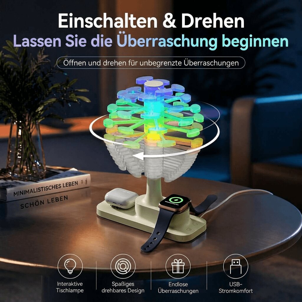 Bordlampe med oplader | RGB ambient lys | Spiraltræ design | Spiralhave